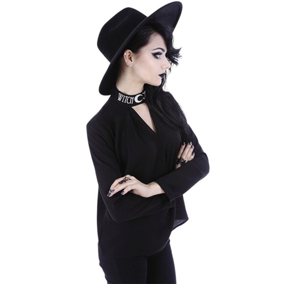 Restyle Witchcraft Moon V‑Neck Choker Blouse – Black, Gothic Long Sleeve Top XL - Picture 2 of 4